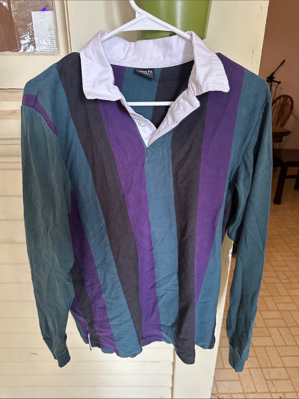Classic Vintage Long-Sleeve Striped Rugby Polo - Purple & Teal